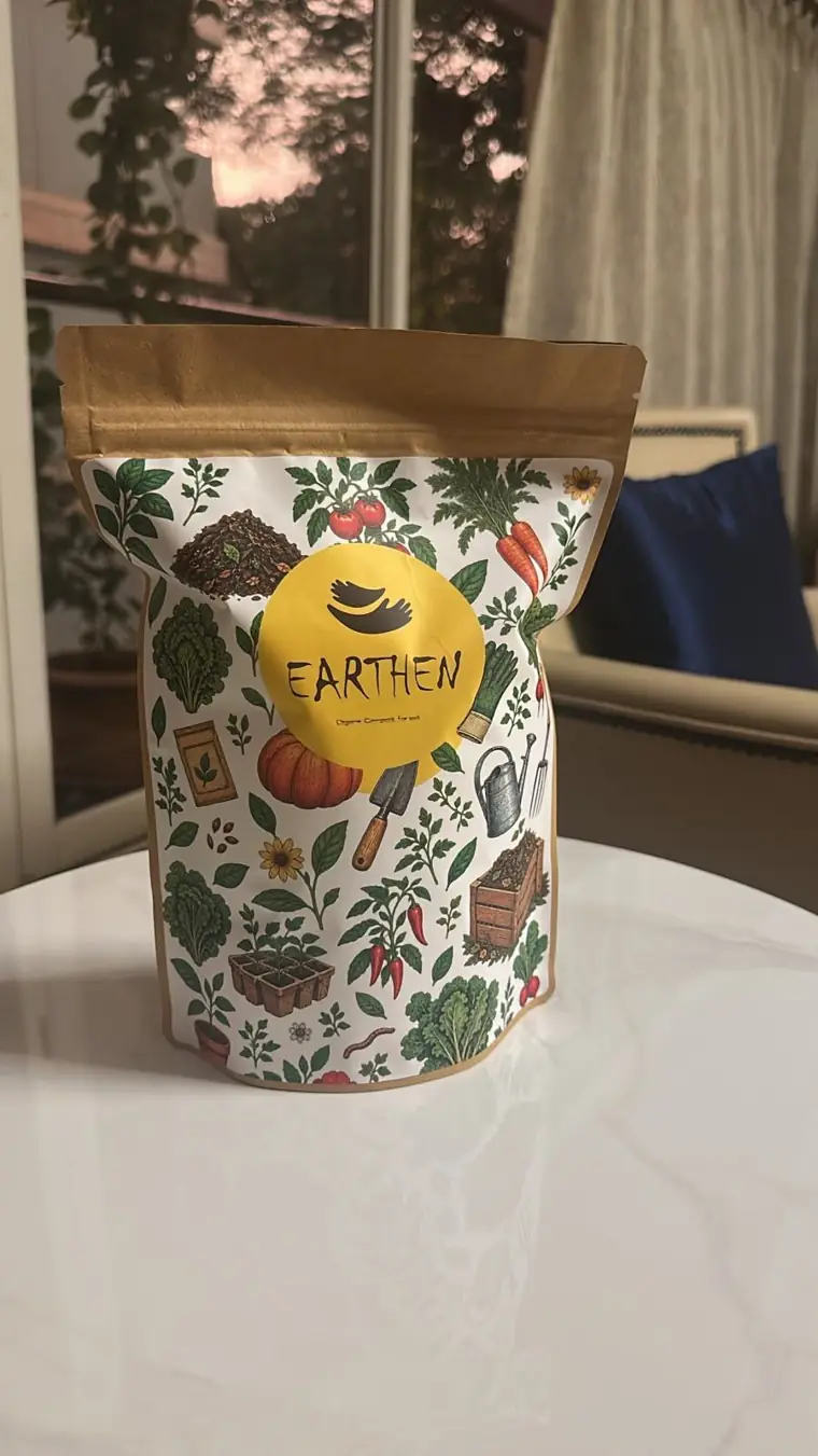 Earthen compost pouch, front view